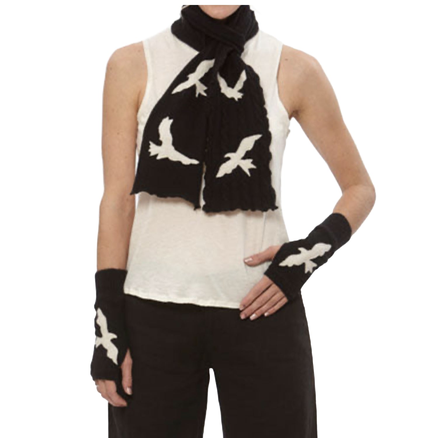 model reincarnated cashmere scarf with creme bird appliqués on black