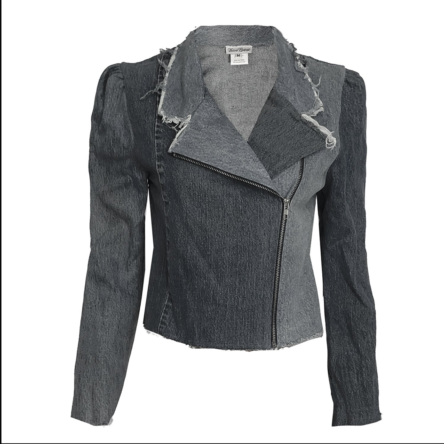 Angie Jacket in Distressed Black – upcycled black denim motorcycle jacket with raw edging and exposed zipper, one-of-a-kind wash and wear.