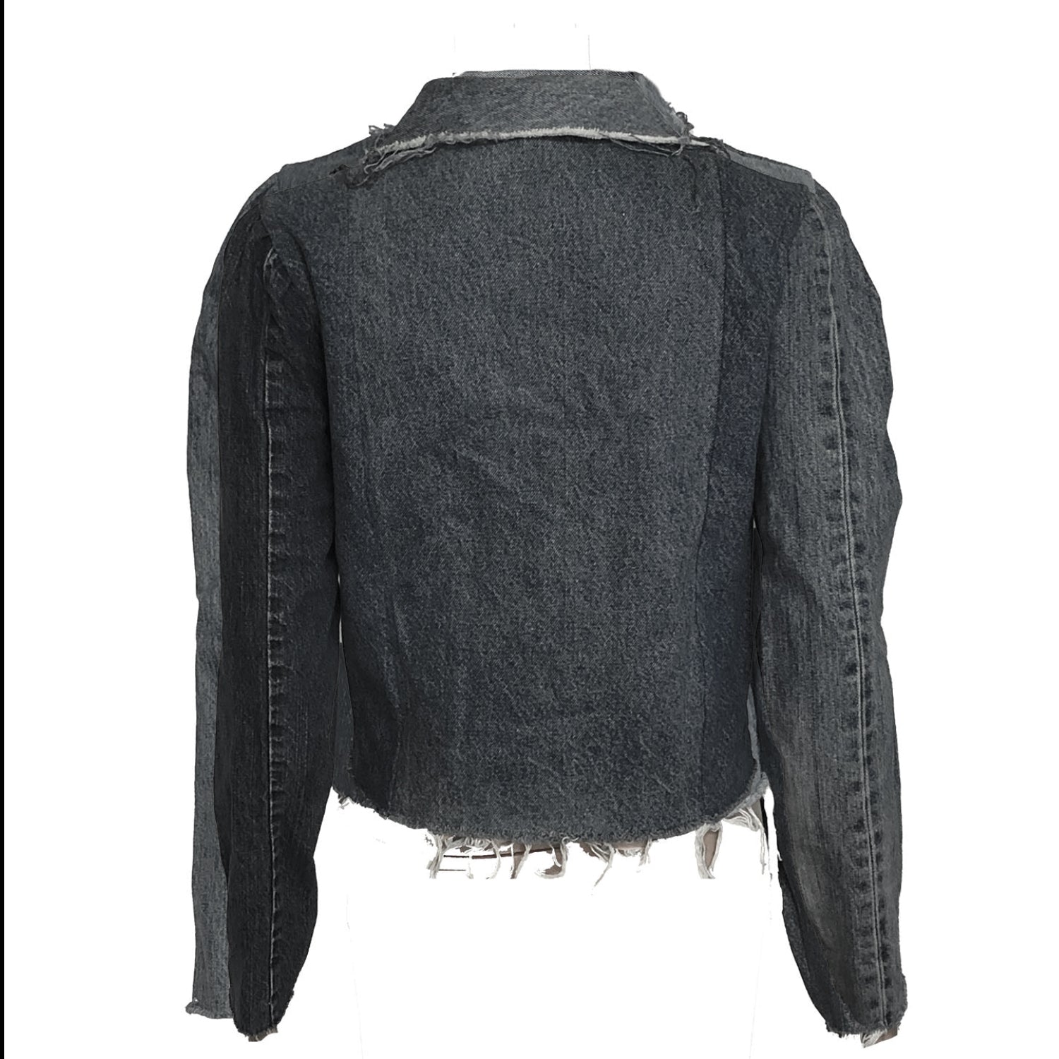 Back Angie Jacket in Distressed Black – upcycled black denim motorcycle jacket with raw edging and exposed zipper, one-of-a-kind wash and wear.