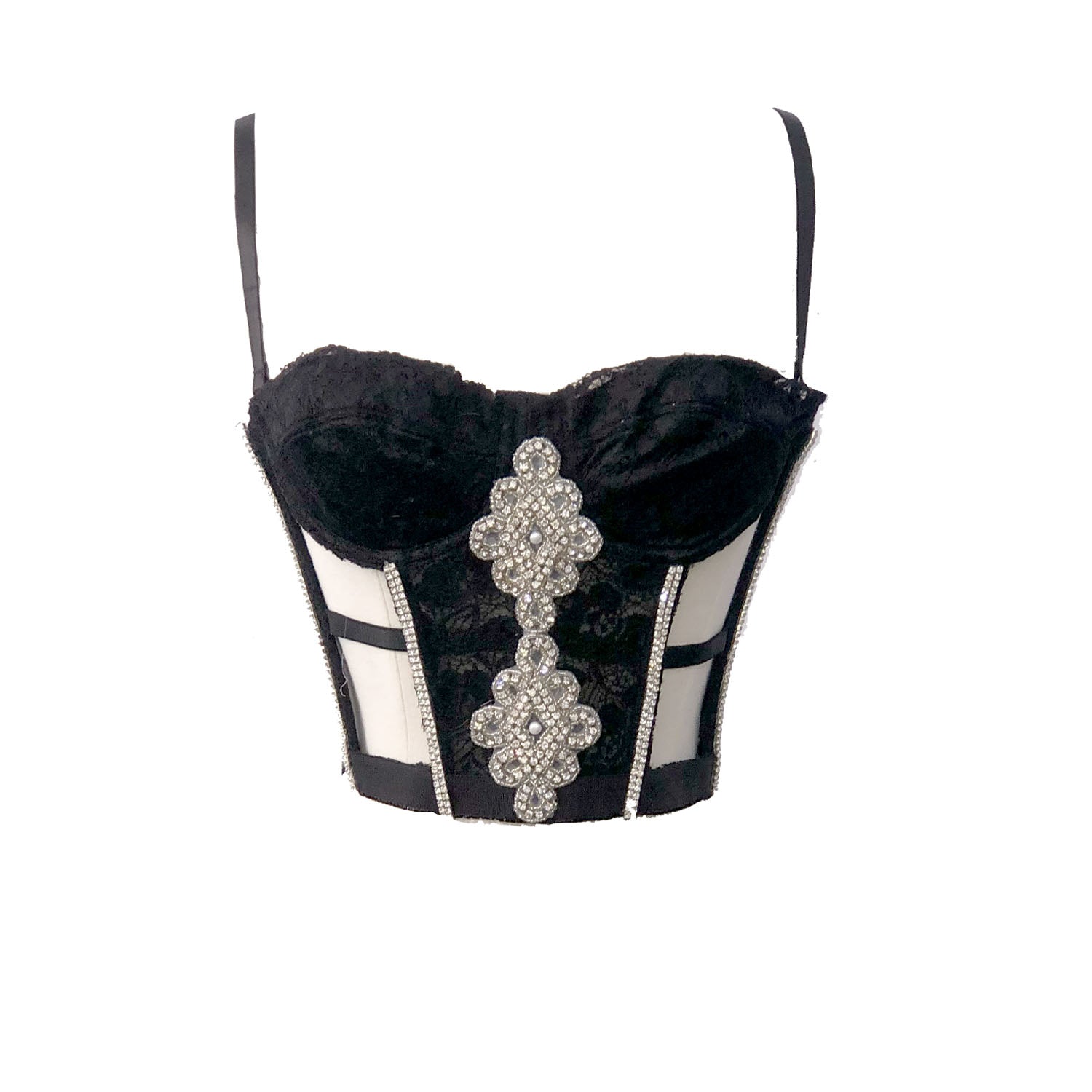 Black lace bustier with rhinestone front detail and detachable black tulle train held by rhinestone garters