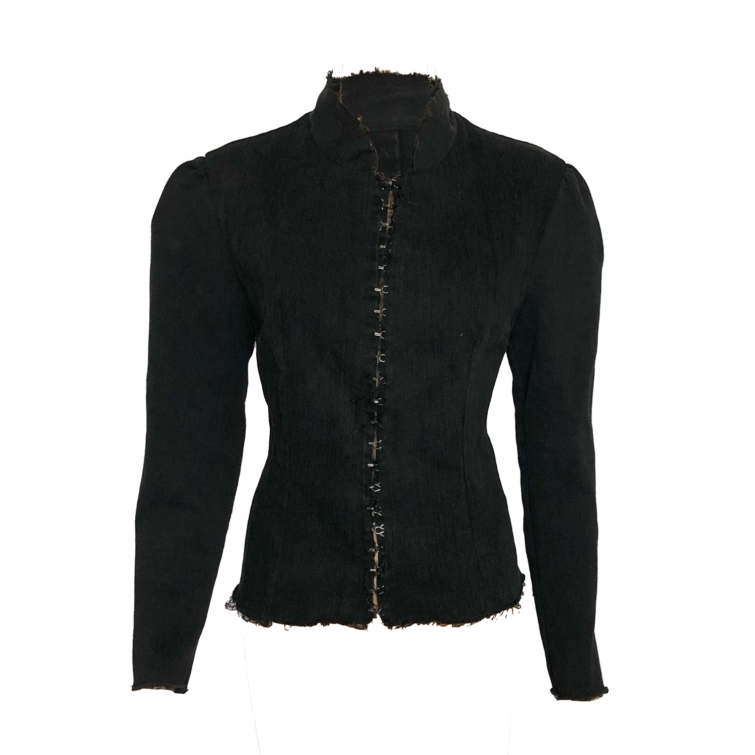 Fitted black denim jacket with raw edge details, long sleeves, and hook front closure.