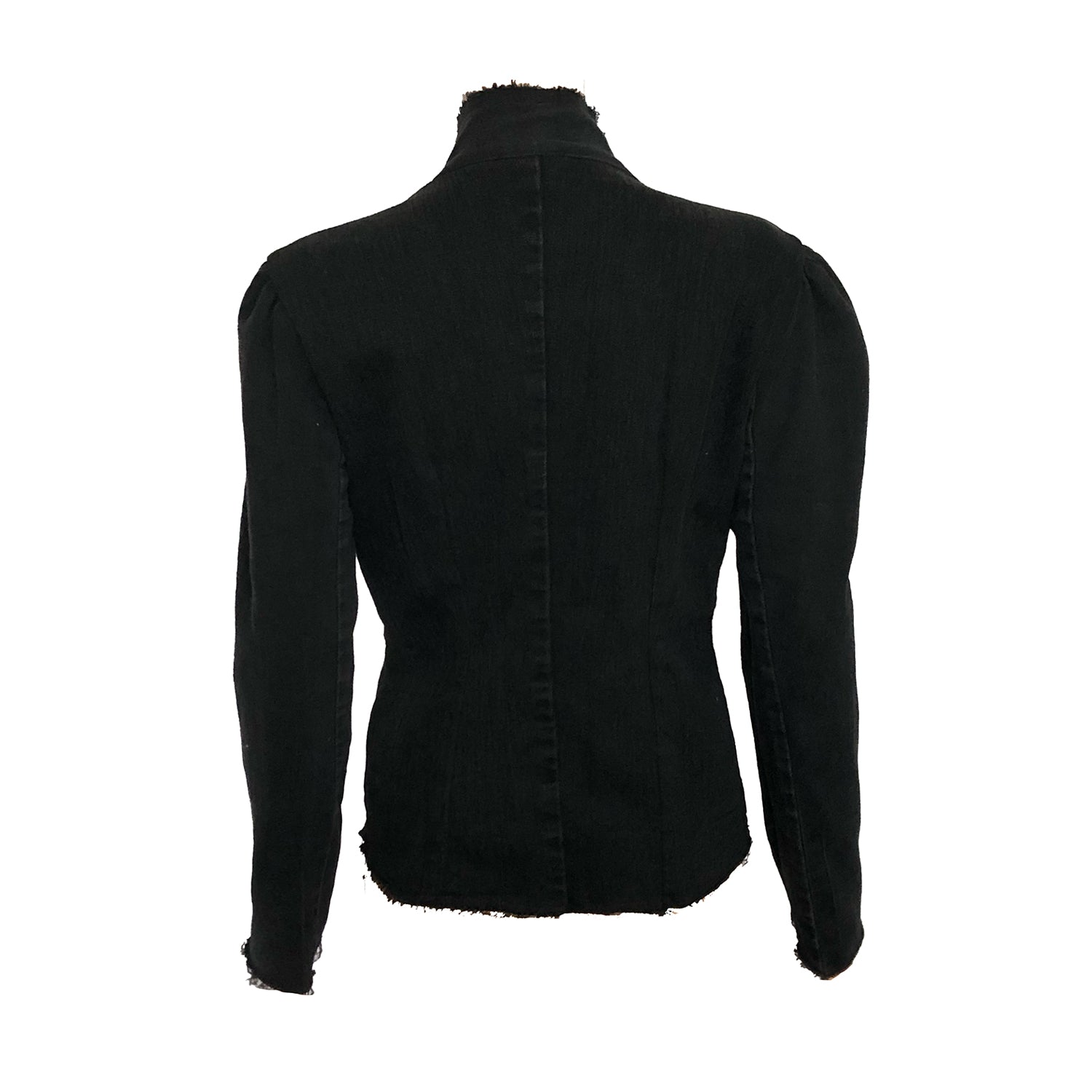 back Fitted black denim jacket with raw edge details, long sleeves, and hook front closure.