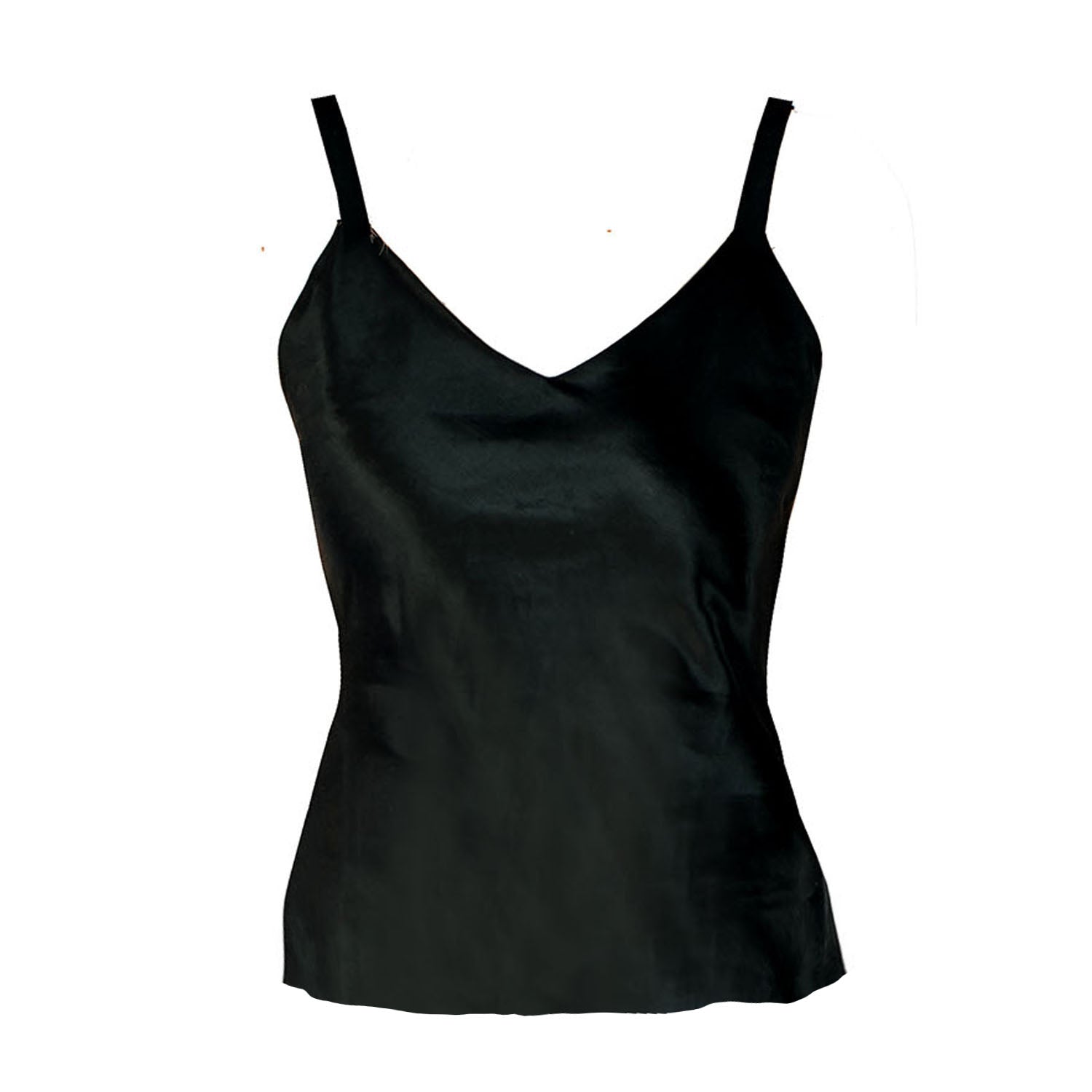 Megan Camisole in black hemp silk satin – minimalist V-neck camisole with bias cut and adjustable straps.