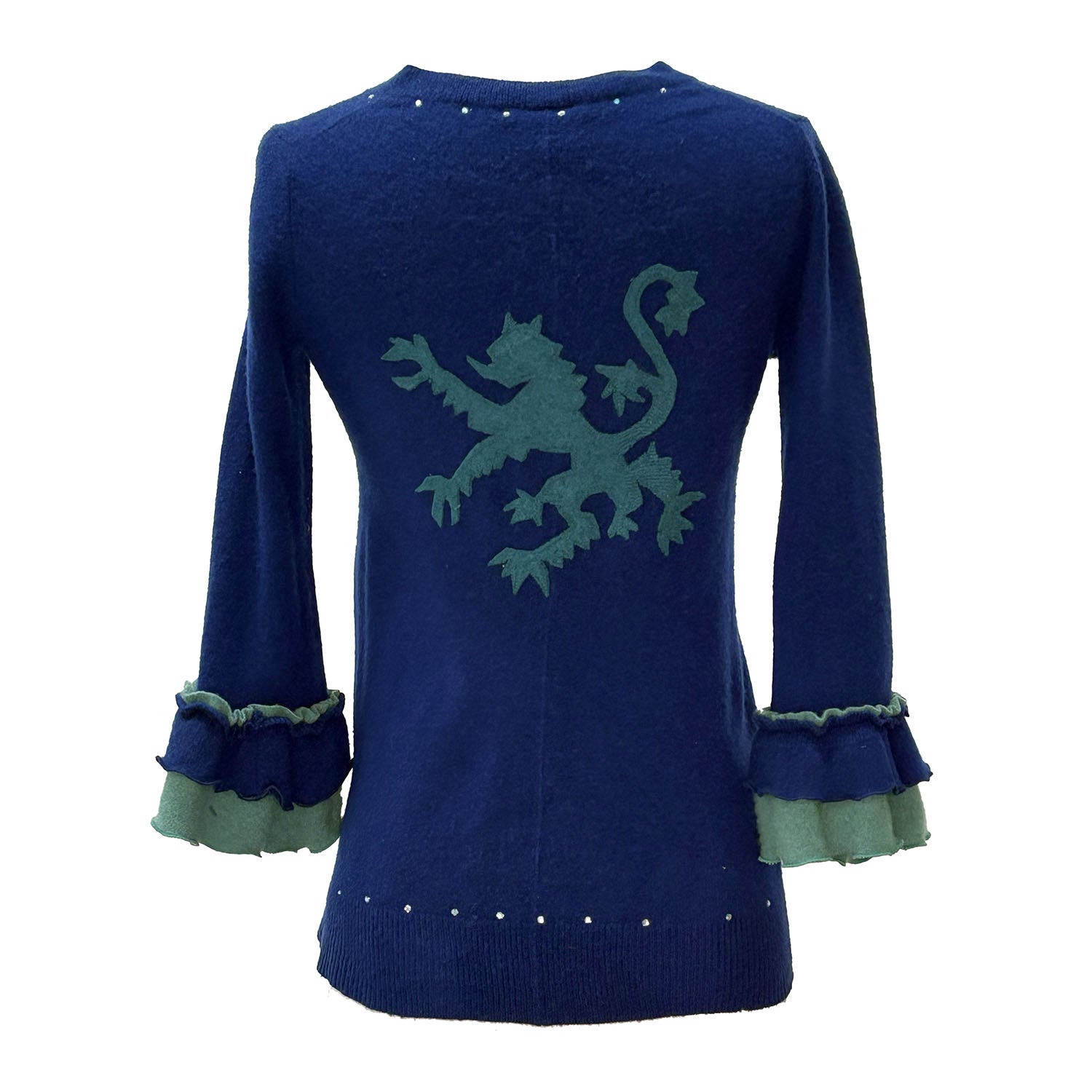 Griffin Cardigan in royal blue upcycled cashmere with griffin appliqué and ruffled chiffon sleeves, back view