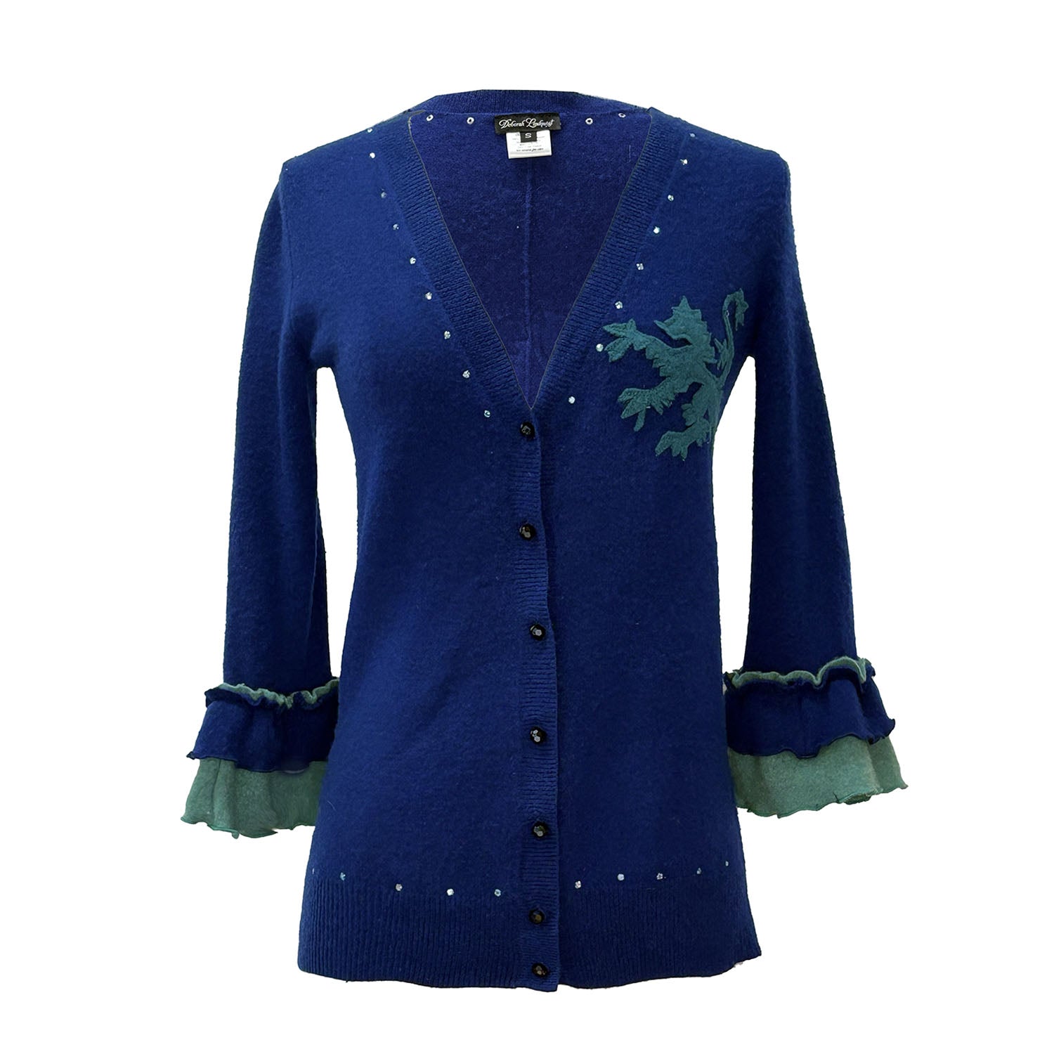 Griffin Cardigan in royal blue upcycled cashmere with griffin appliqué and ruffled chiffon sleeves, front view