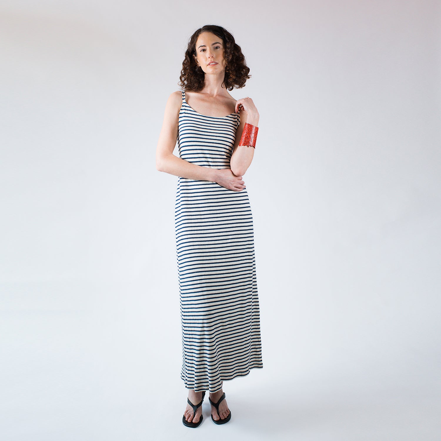 model in Bridget Dress- Striped hemp cotton ankle-length dress with spaghetti straps