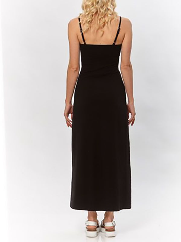 Bridget Hemp Dress in Black – ankle-length slip dress with adjustable straps, crafted from a soft, sustainable hemp blend.