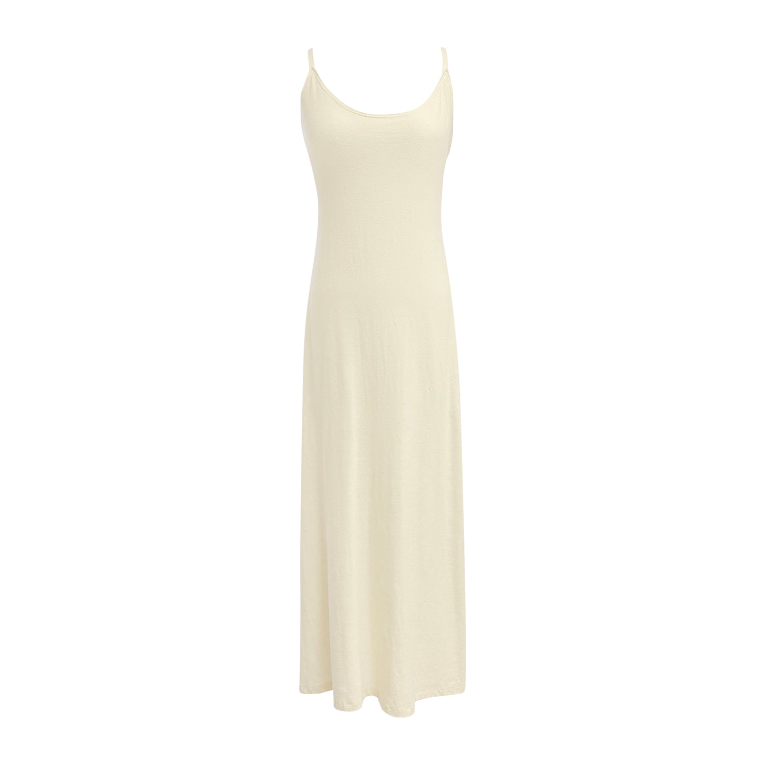 Bridget Hemp Dress in Crème – ankle-length slip dress with adjustable spaghetti straps, sustainable hemp blend fabric.