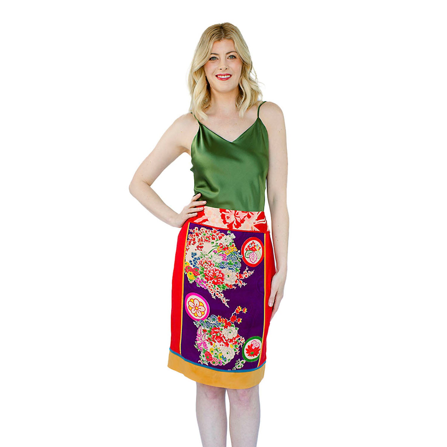model wearing Grace Skirt Brights in vintage silk kimono fabric with colorful floral motifs, silk border and coordinating piping. with a silk camisole