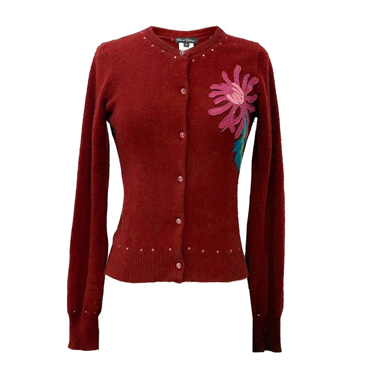 Chrysanthemum Cardigan in garnet red upcycled cashmere, front view, floral appliqué detail on left chest