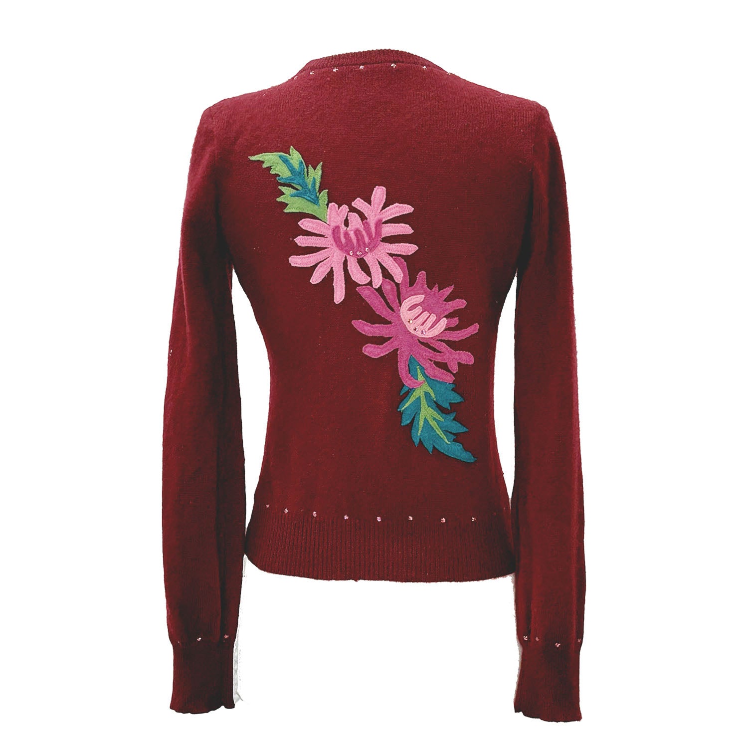 Back-Chrysanthemum Cardigan in garnet red upcycled cashmere floral appliqué detail