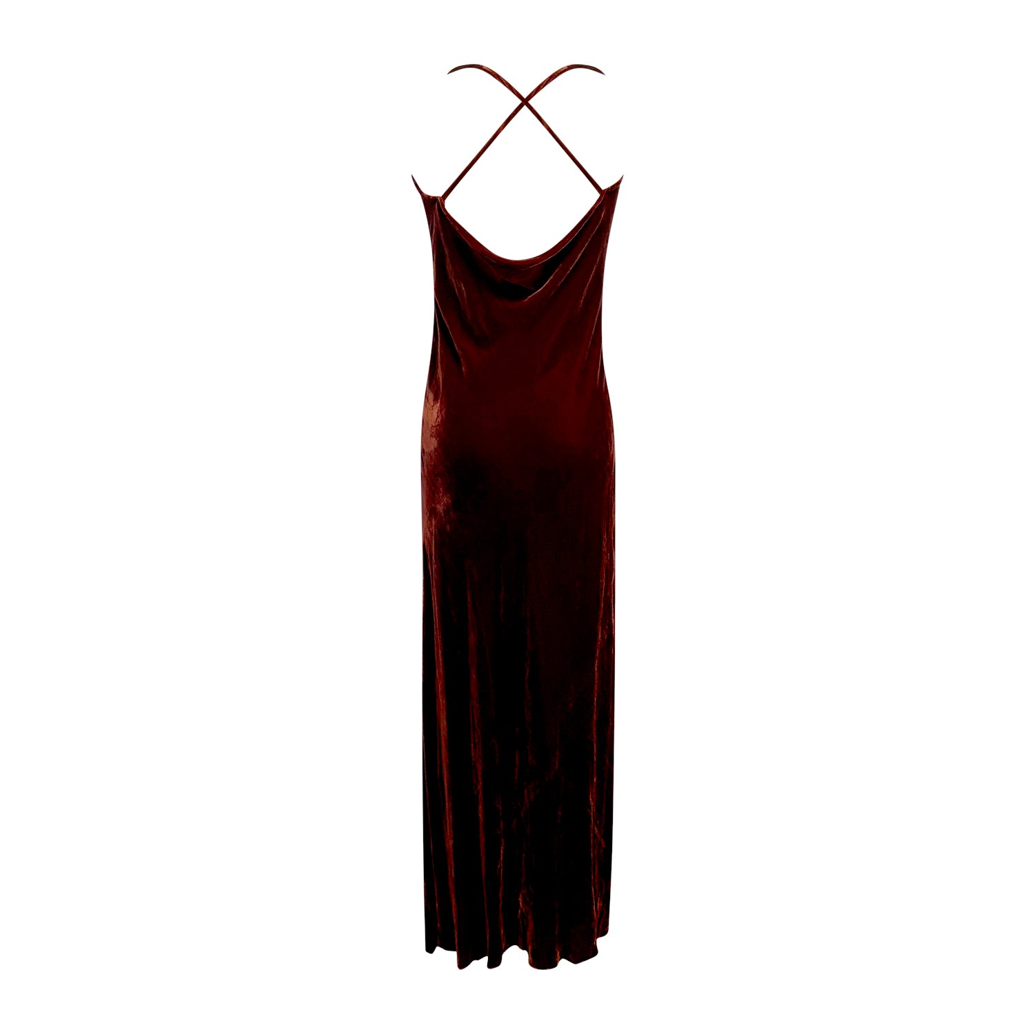 Burgundy velvet slip dress with cowl neckline and adjustable straps. Elegant silk/rayon blend. A timeless evening essential. back