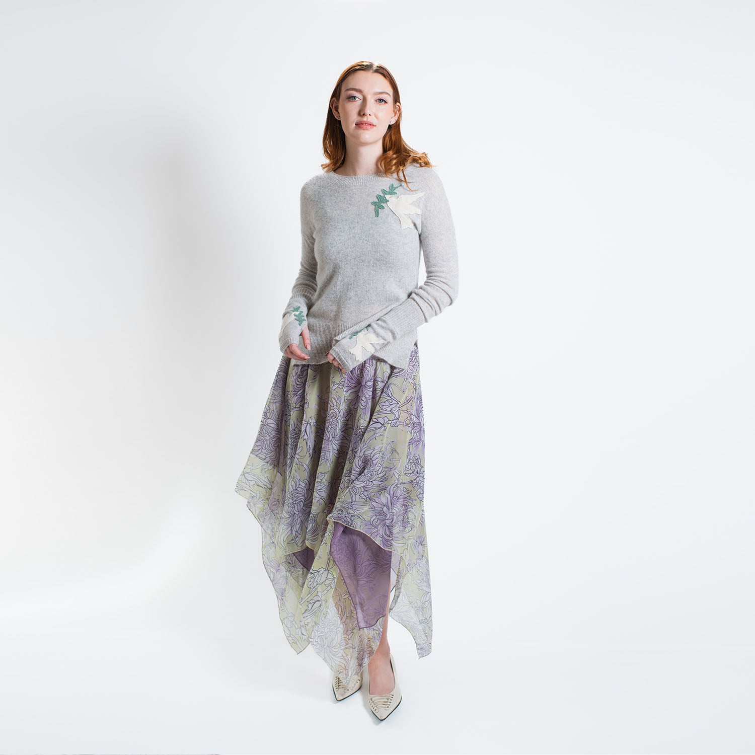 Chrysanthemum-print silk chiffon asymmetrical circle skirt with handkerchief hem and elastic waist, made from limited deadstock fabric.