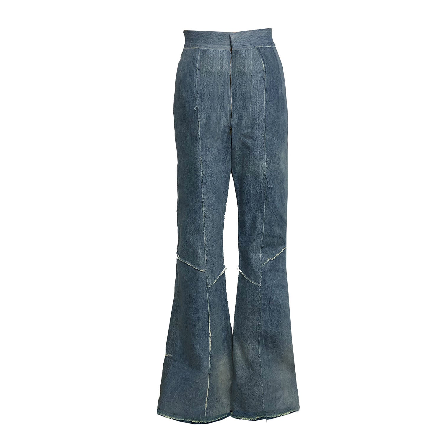 back Cher Jean – high-waisted flare jeans in upcycled blue denim with raw-edge paneling and 2-inch waistband,
