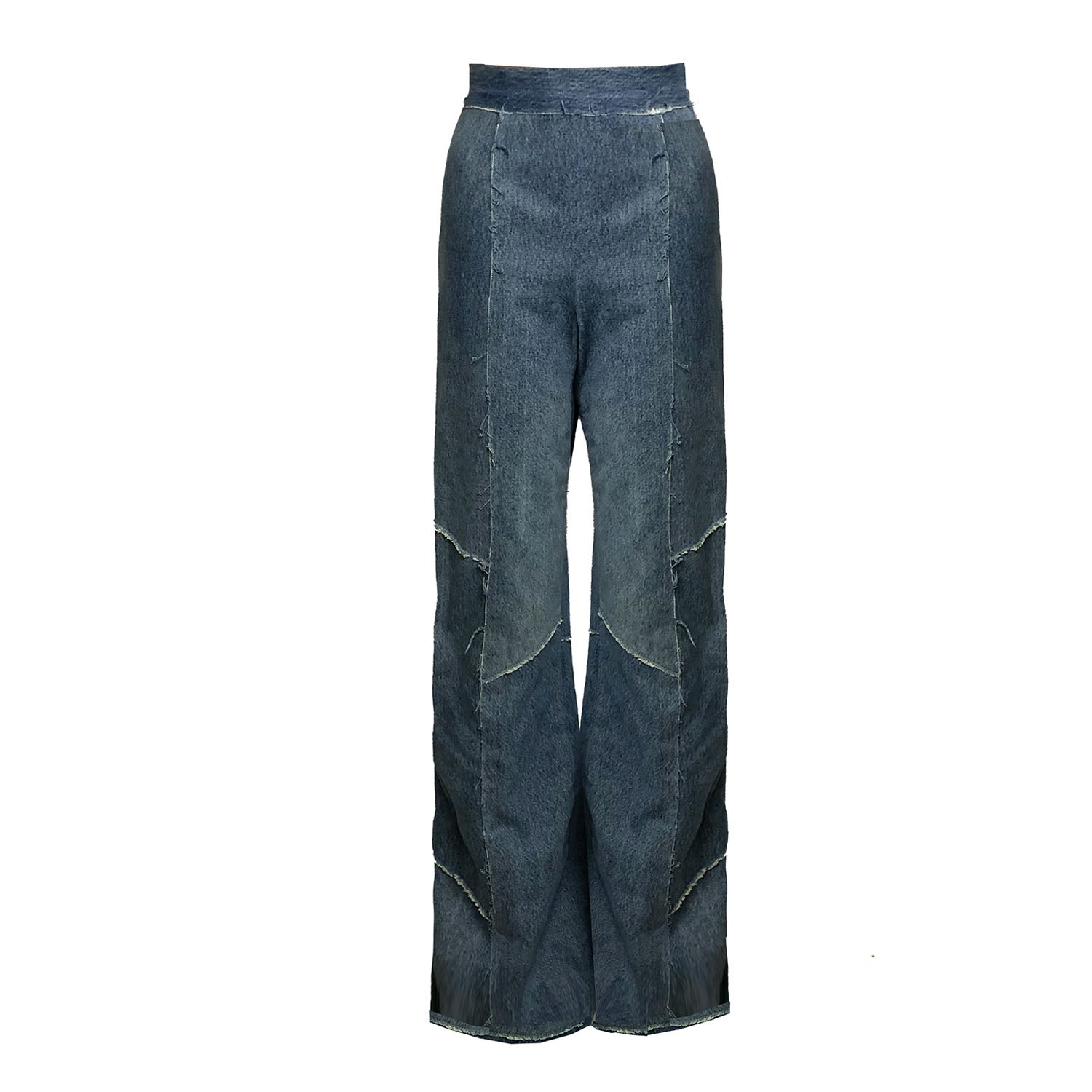Cher Jean – high-waisted flare jeans in upcycled blue denim with raw-edge paneling and 2-inch waistband,