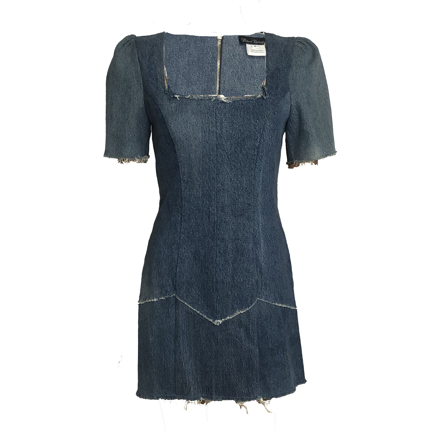 Short-sleeve fitted mini dress made from upcycled denim with raw edges and back zipper closure.