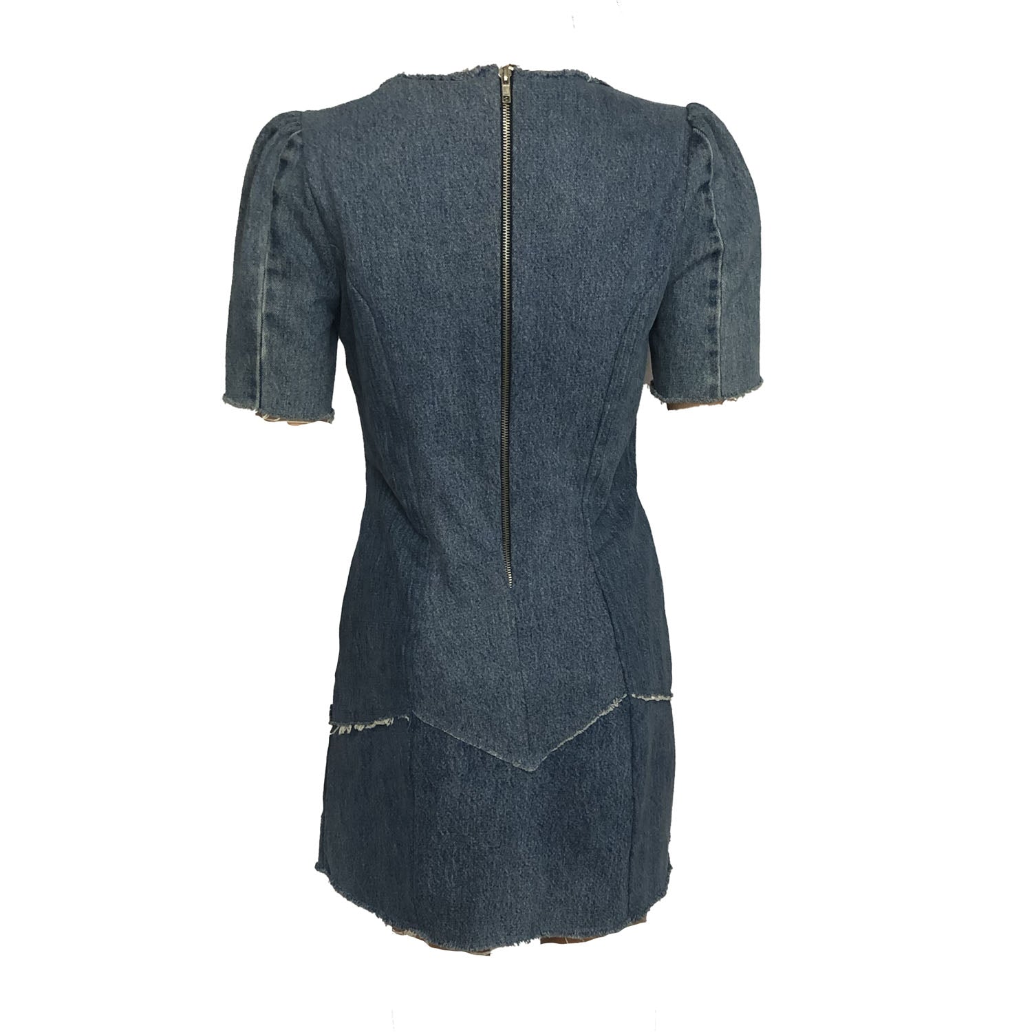Short-sleeve fitted mini dress made from upcycled denim with raw edges and back zipper closure.