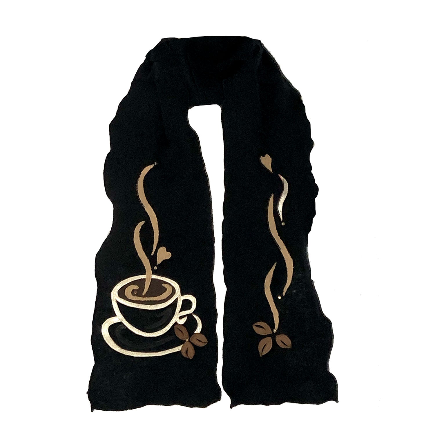 Coffee Cup Eco Scarf by Deborah Lindquist – black cashmere scarf with appliqué coffee cup, leaves, and steam in vintage leather
