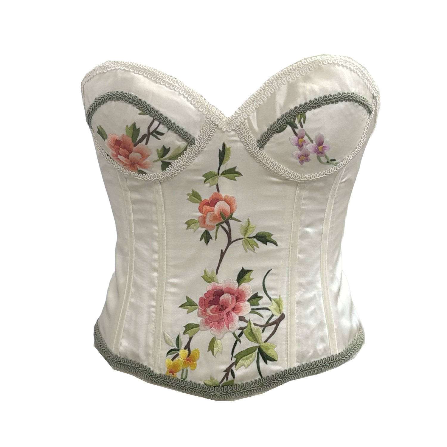 One-of-a-kind Hana bustier in ivory embroidered vintage satin kimono with floral embroidery