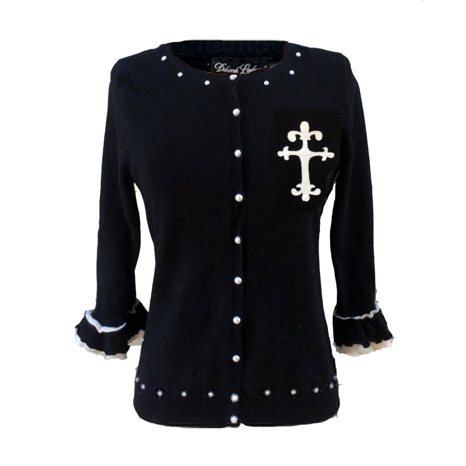 Black cashmere ruffle-sleeved cardigan with cross appliqué and pearl embellishments.