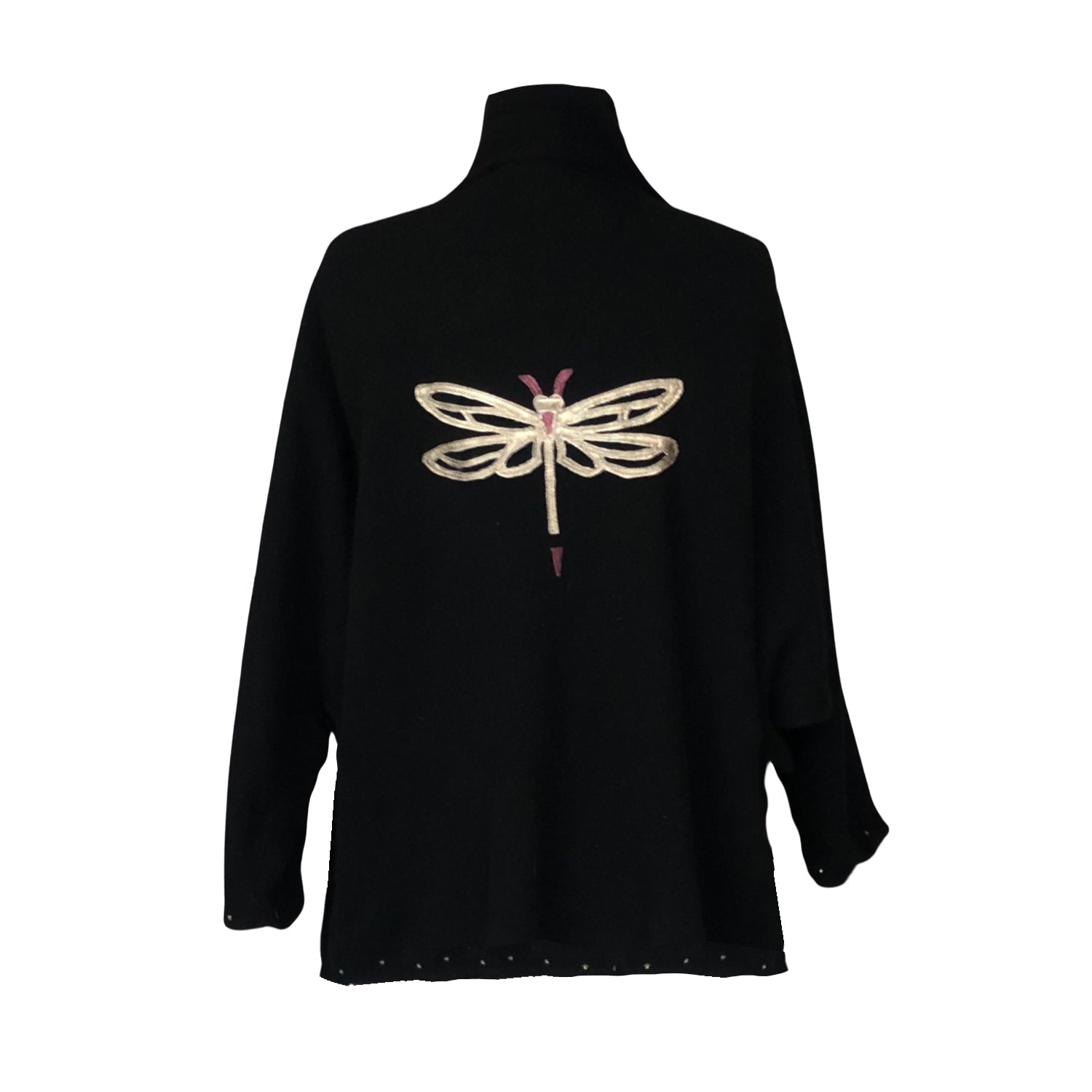 Black cashmere wrap sweater with a metallic gold vintage leather dragonfly appliqué on the back. One-of-a-kind handmade design.