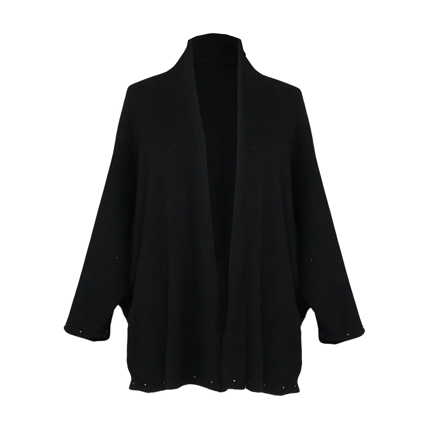 Black cashmere wrap sweater with a metallic gold vintage leather dragonfly appliqué on the back. One-of-a-kind handmade design.