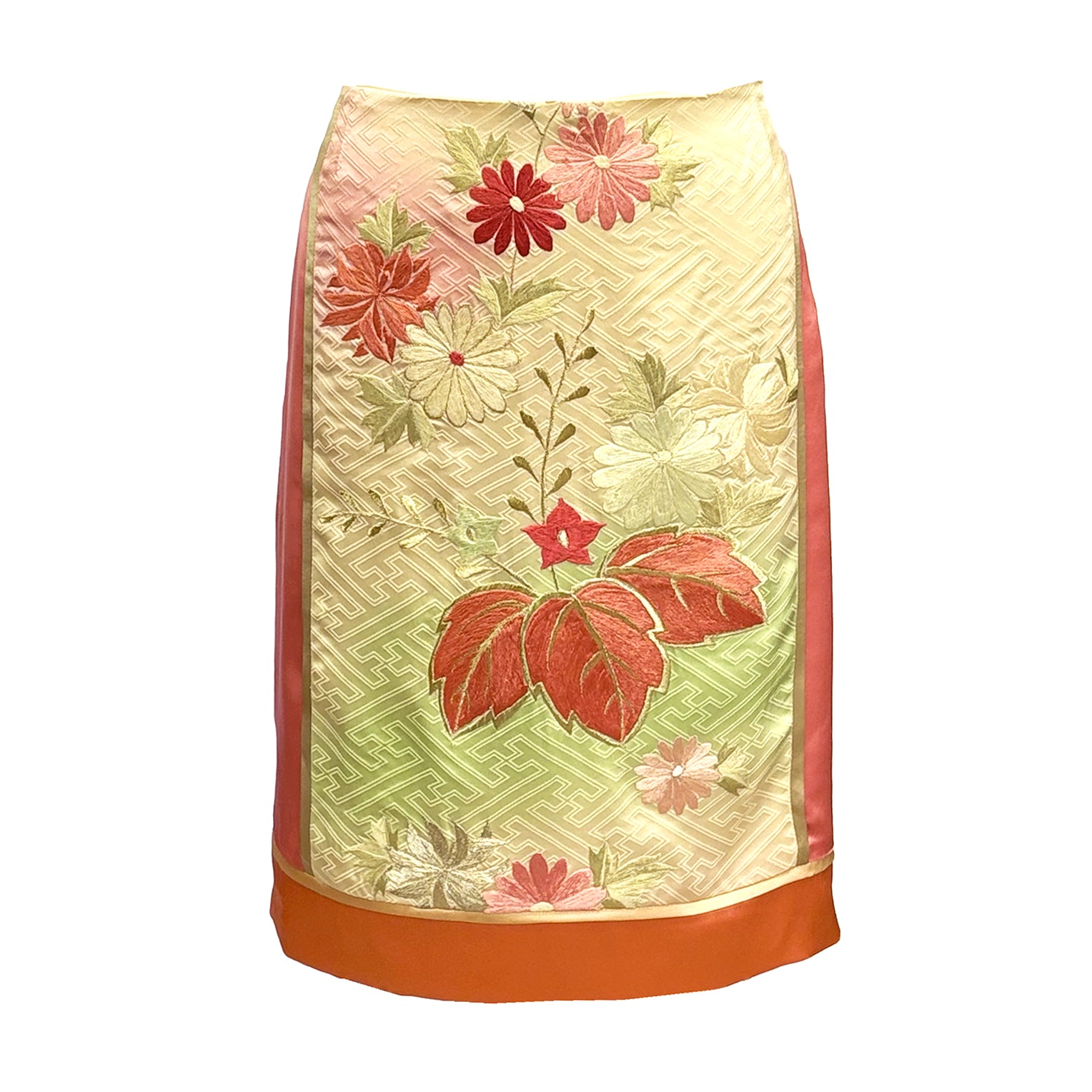 Grace Skirt Pastel Floral in hand-painted and embroidered vintage kimono silk with cream, green, coral and pink floral motifs.