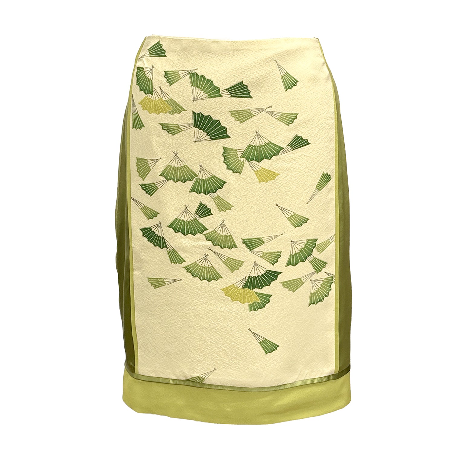 Grace Skirt Fans in vintage silk kimono fabric with green fan motif, coordinating silk border and piping.