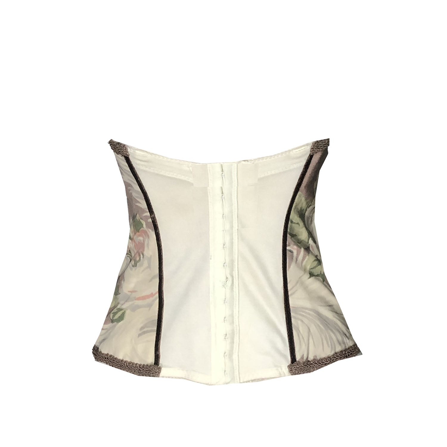 back Vintage bustier with 1940s feather and rose print in soft earth tones and braided trim detailing.