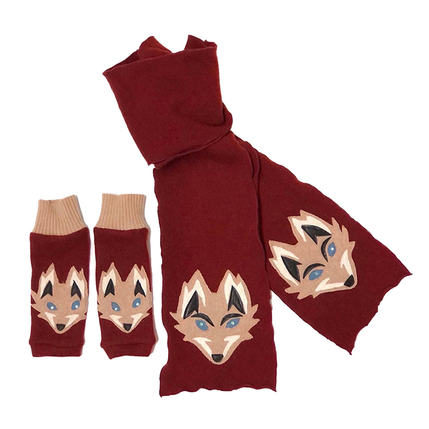 Rust reincarnated cashmere scarf and fingerless glove set with fox appliqué and rhinestone accents.
