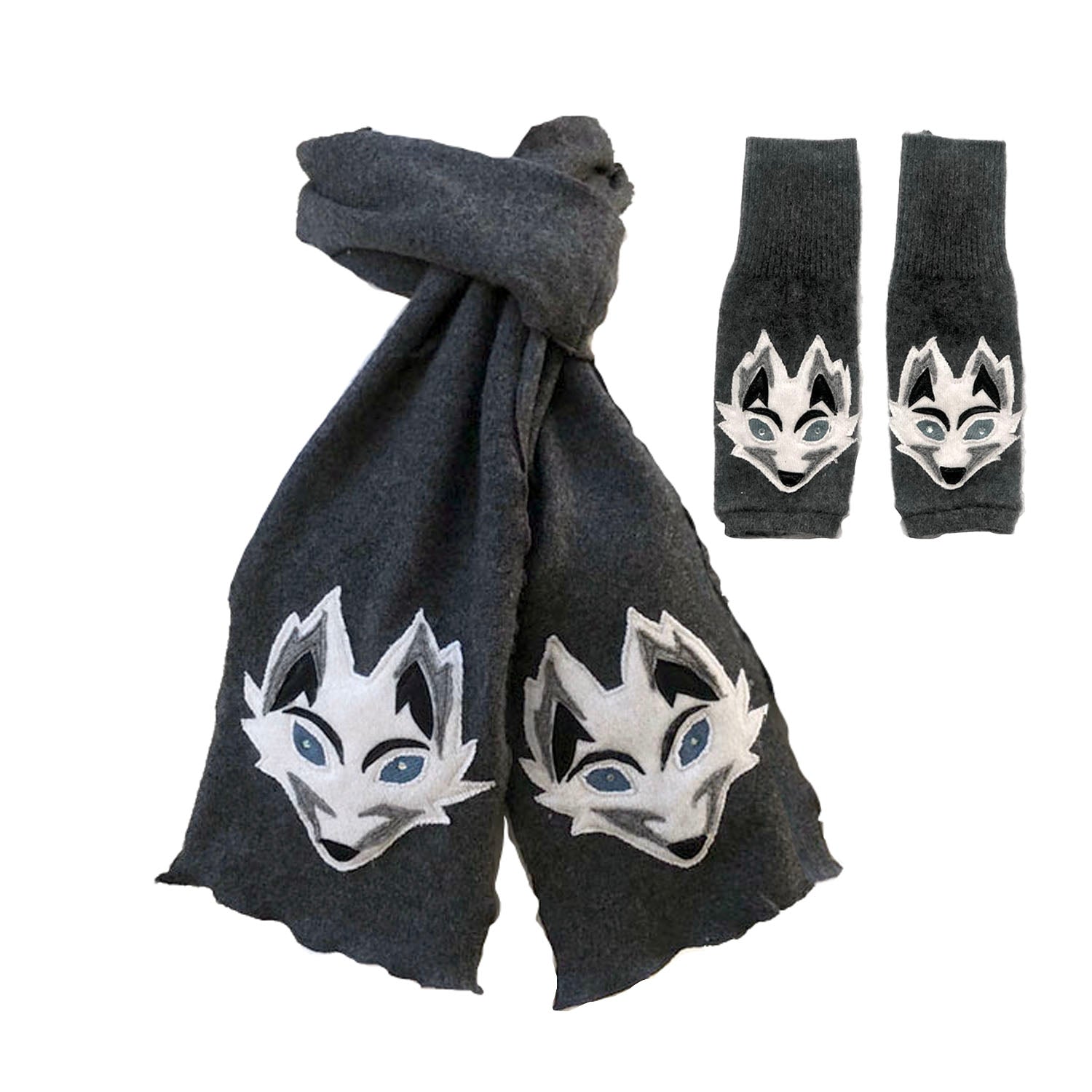 Grey cashmere scarf and fingerless gloves with white fox appliqué and rhinestone details, handmade from upcycled cashmere.