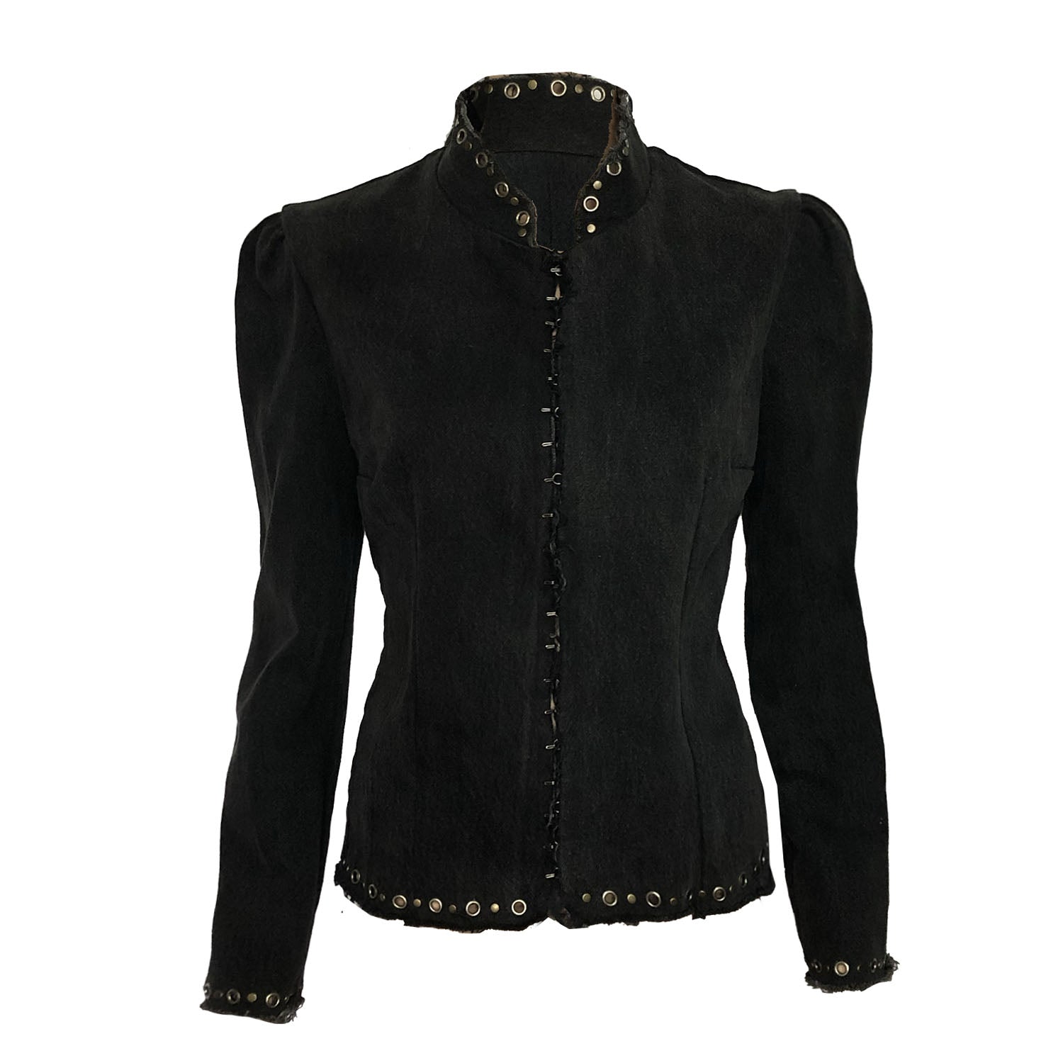 Galena Jacket in studded black denim with mandarin collar and hook closure