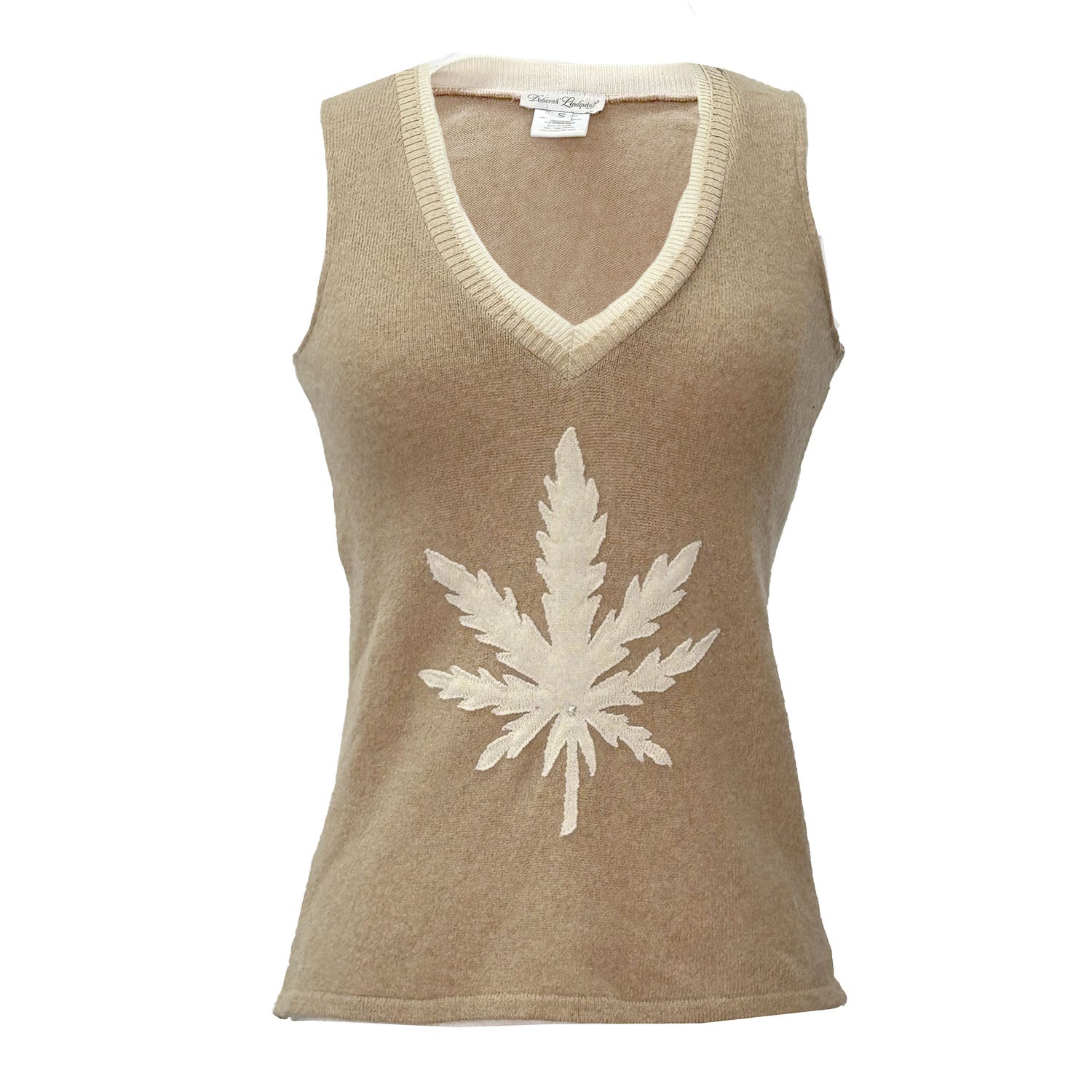 Beige reincarnated cashmere sweater vest with cream V-neck and large tonal hemp leaf appliqué on the front.