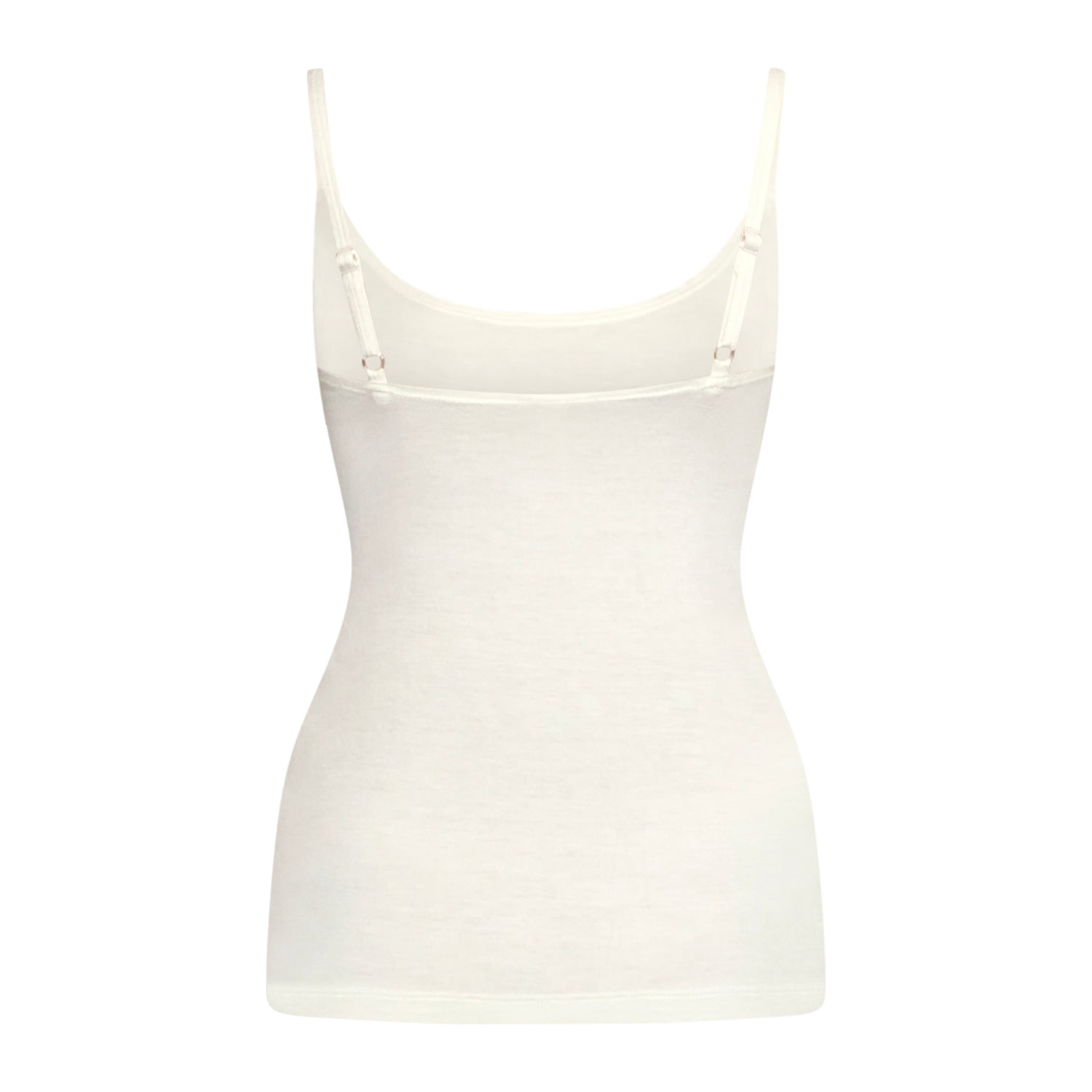 Minimalist white spaghetti strap tank top made from modal/spandex, shown with flared skirt. back