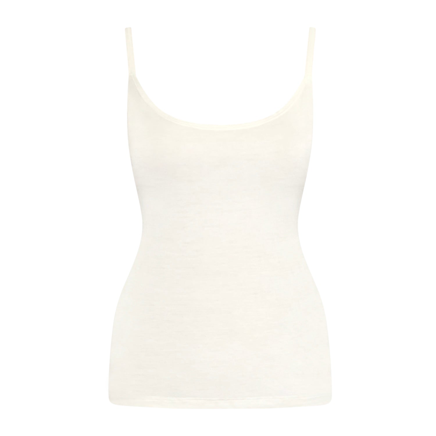 Minimalist white spaghetti strap tank top made from modal/spandex, shown with flared skirt.