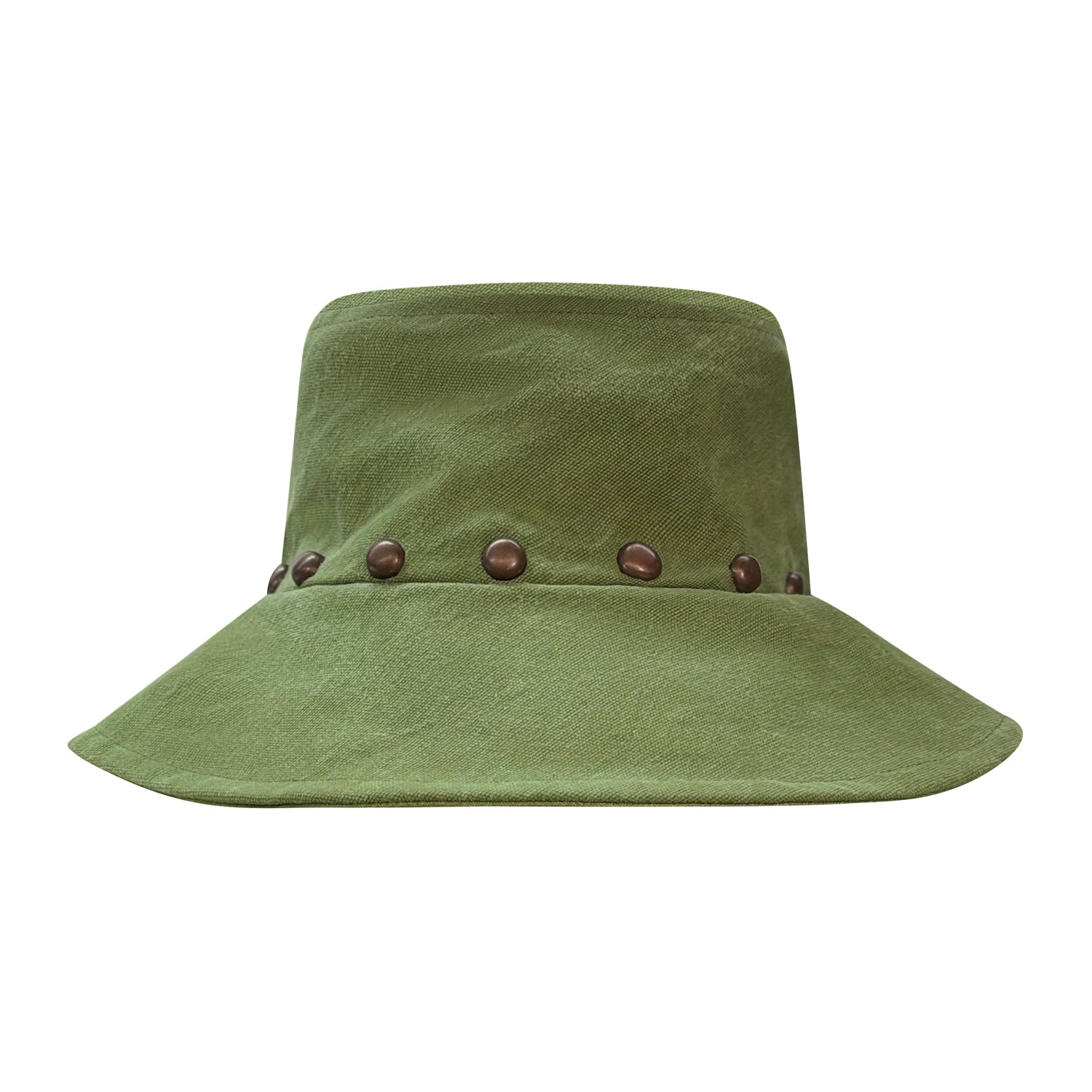 Olive green upcycled bucket hat made from vintage military knapsack canvas with antique copper studs — unisex, adjustable fit.