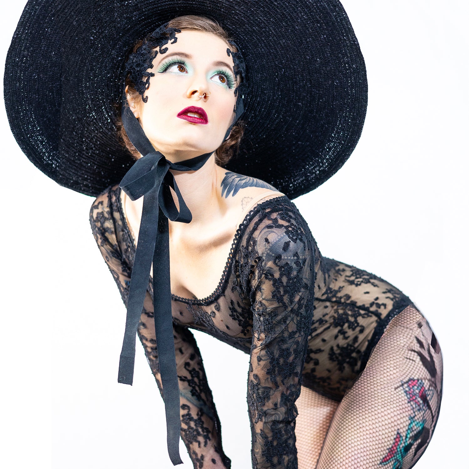 Long-sleeve black lace bodysuit with boat neckline – Lacey Bodysuit