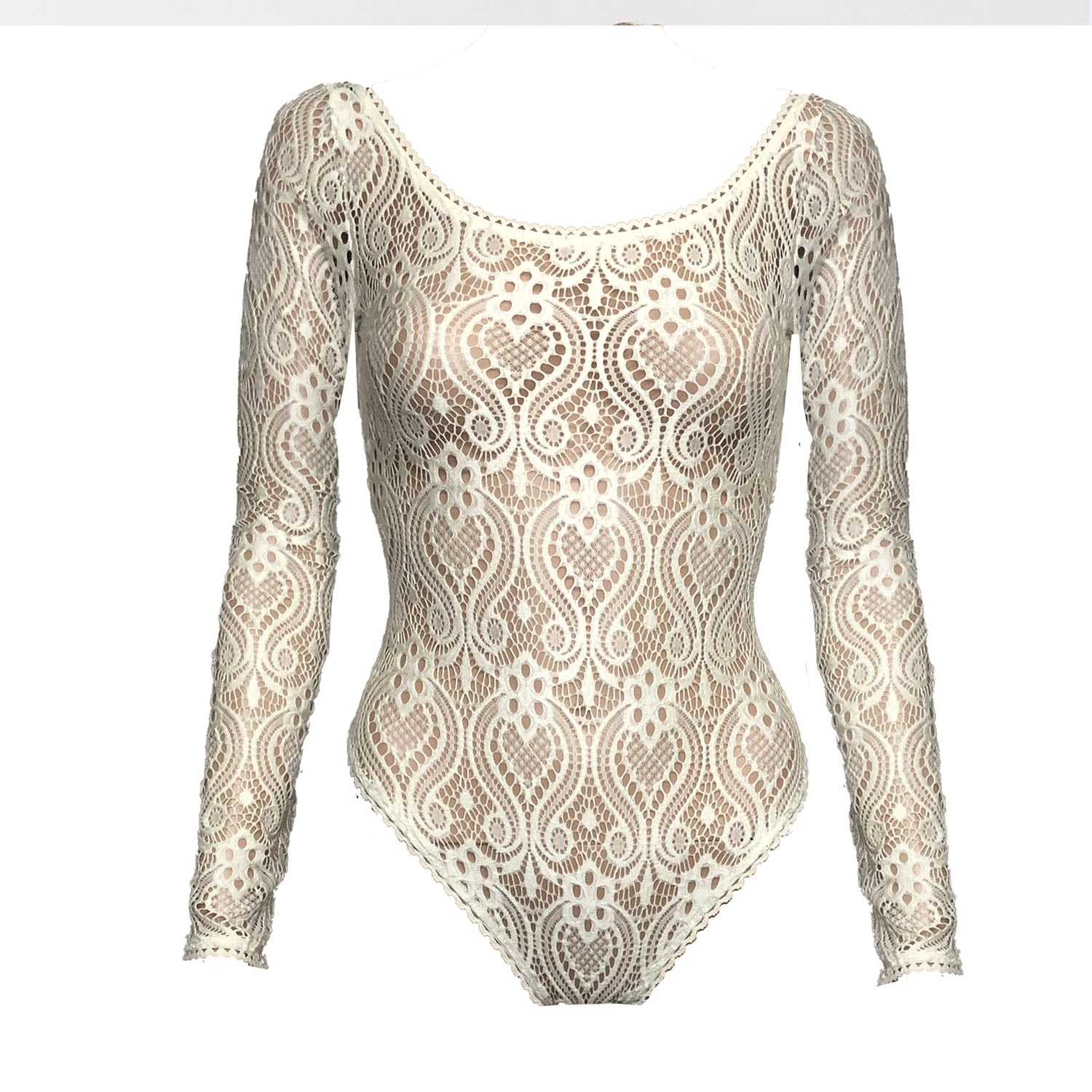 Long-sleeve creme lace bodysuit with boat neckline – Lacey Bodysuit