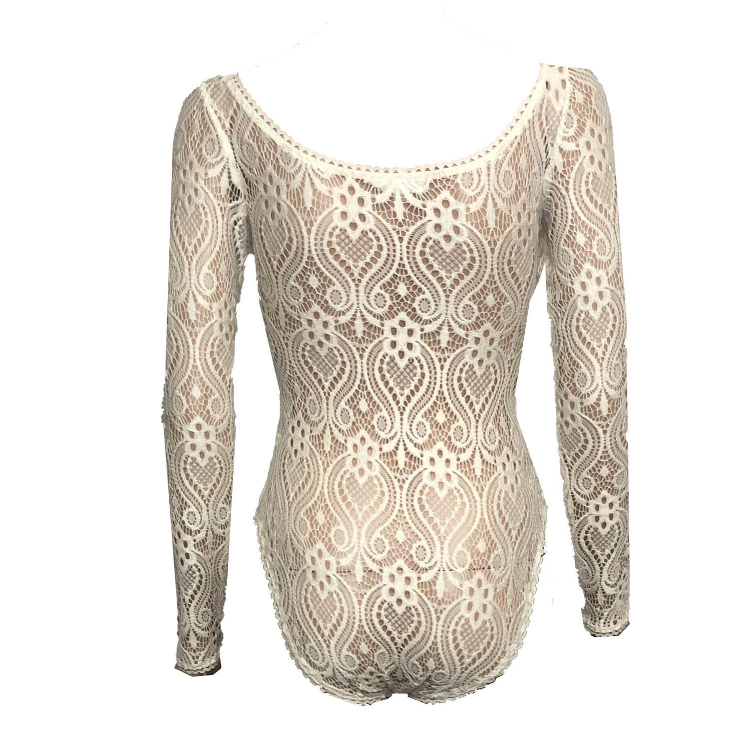back Long-sleeve creme lace bodysuit with boat neckline – Lacey Bodysuit