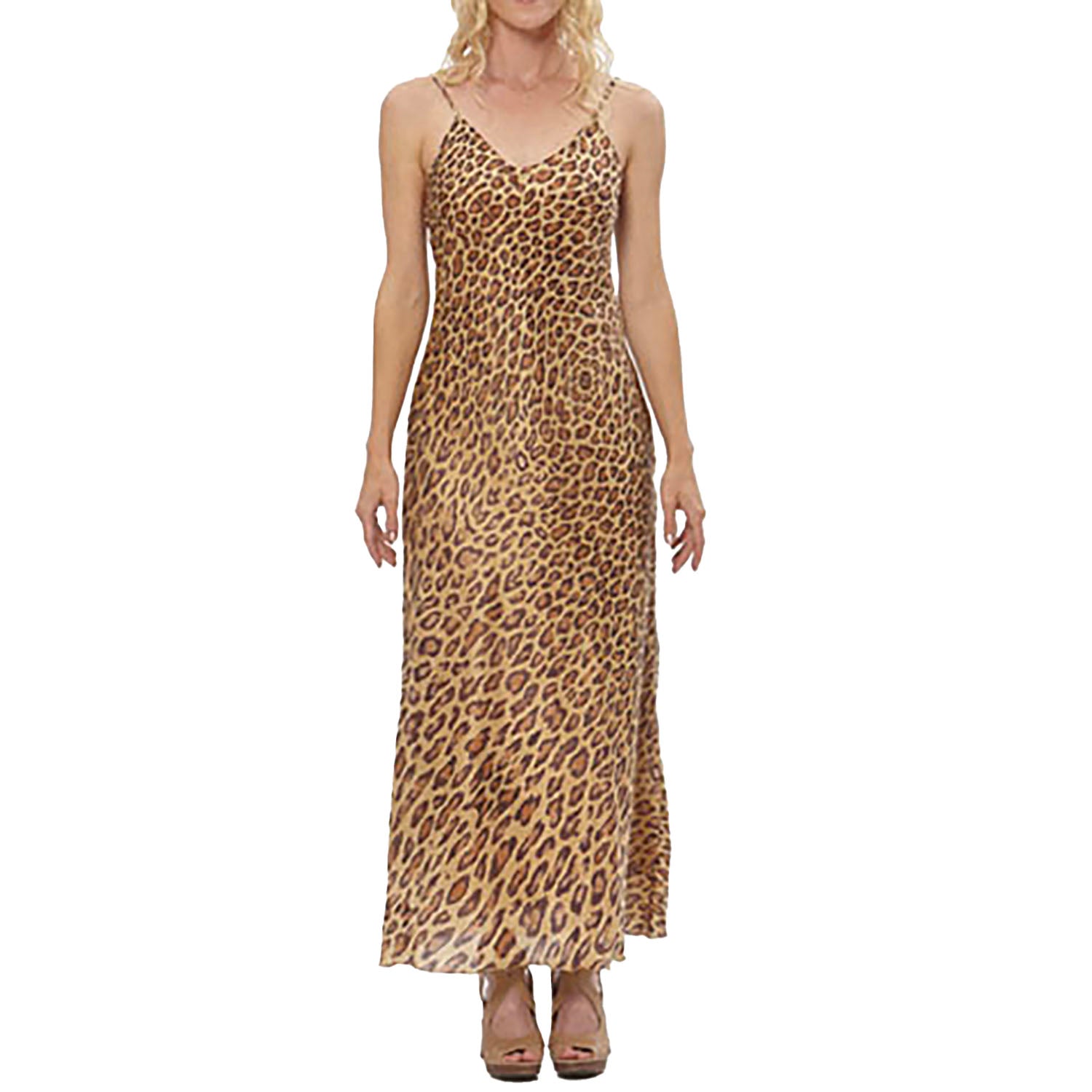model Leopard print silk slip dress with adjustable straps, bias-cut silhouette, and full lining, made from limited deadstock fabric.