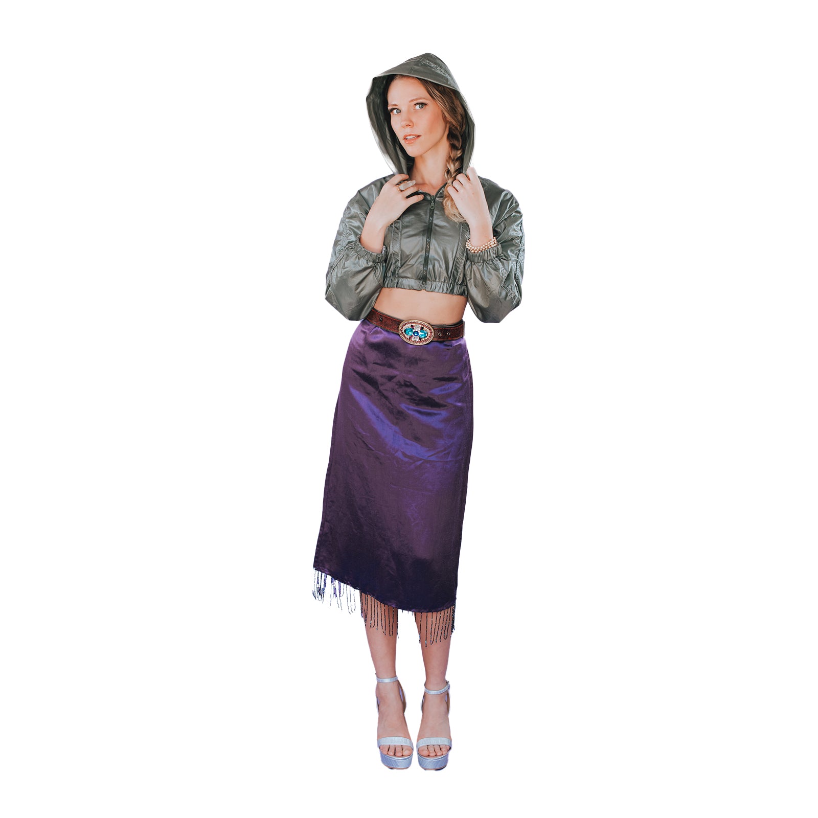 Lola pencil skirt in purple hemp silk with beaded fringe, below-the-knee length, styled with a green parachute hoodie.