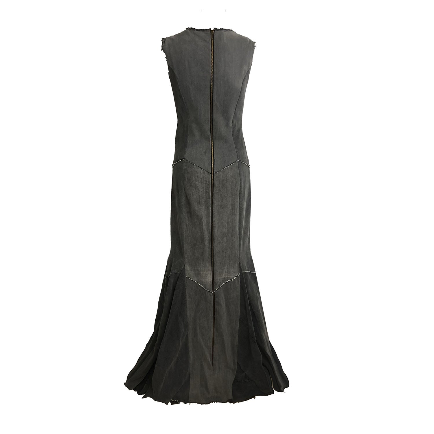 back Diana Dress – sculpted mermaid gown in distressed black upcycled denim, raw-edged with exposed back zipper, worn by model outdoors.