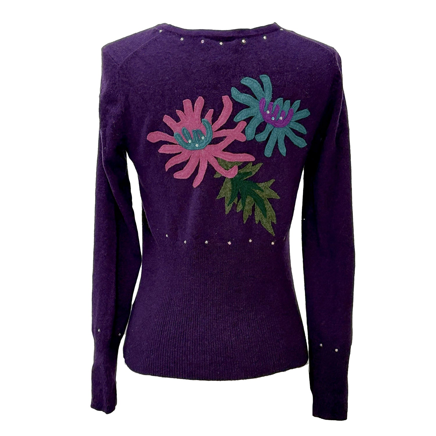 Back view of Purple Chrysanthemum Cardigan with floral appliqué at center