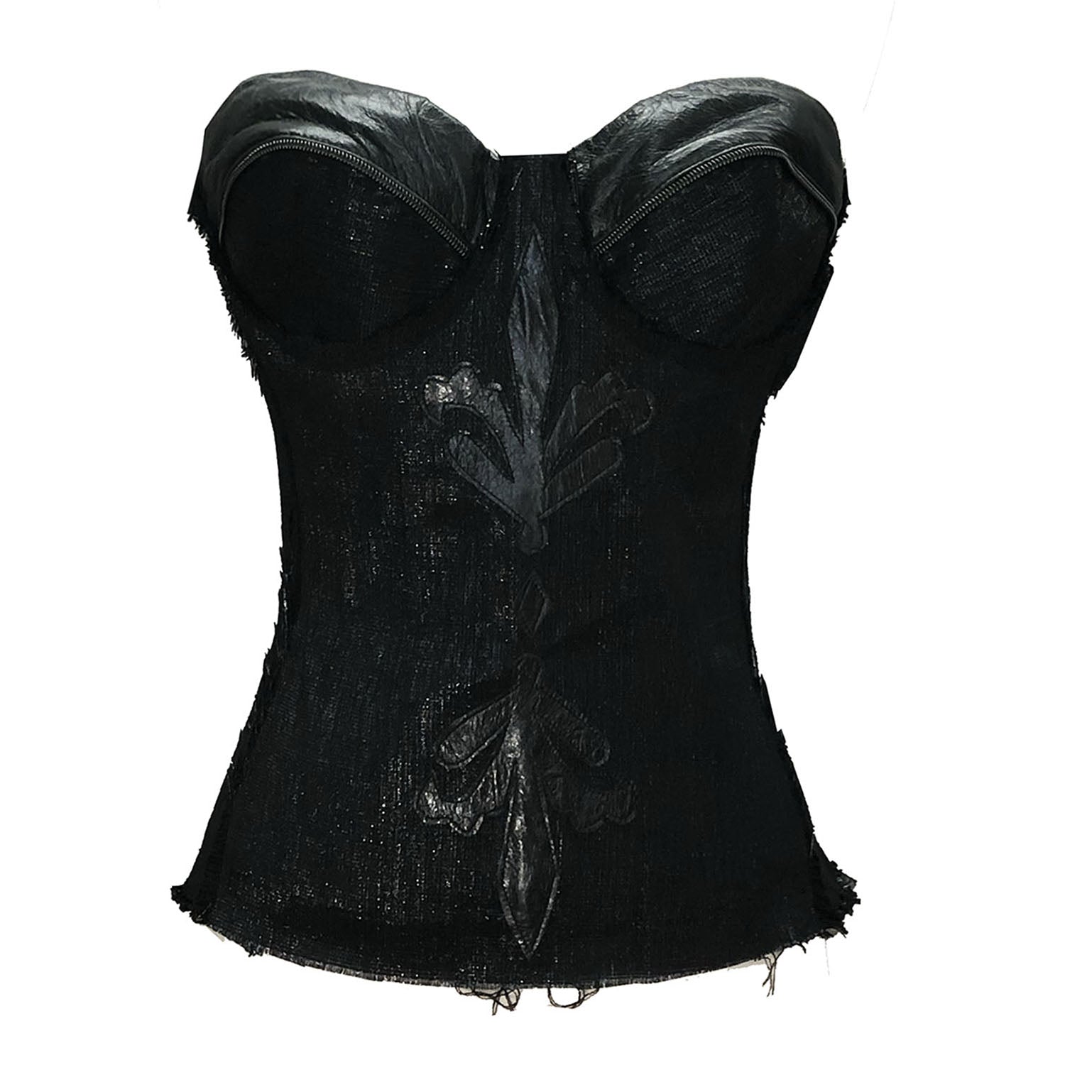Black strapless bustier made from recycled cassette tape fabric, featuring leather appliqués, a front zipper, and eco-conscious steampunk styling.