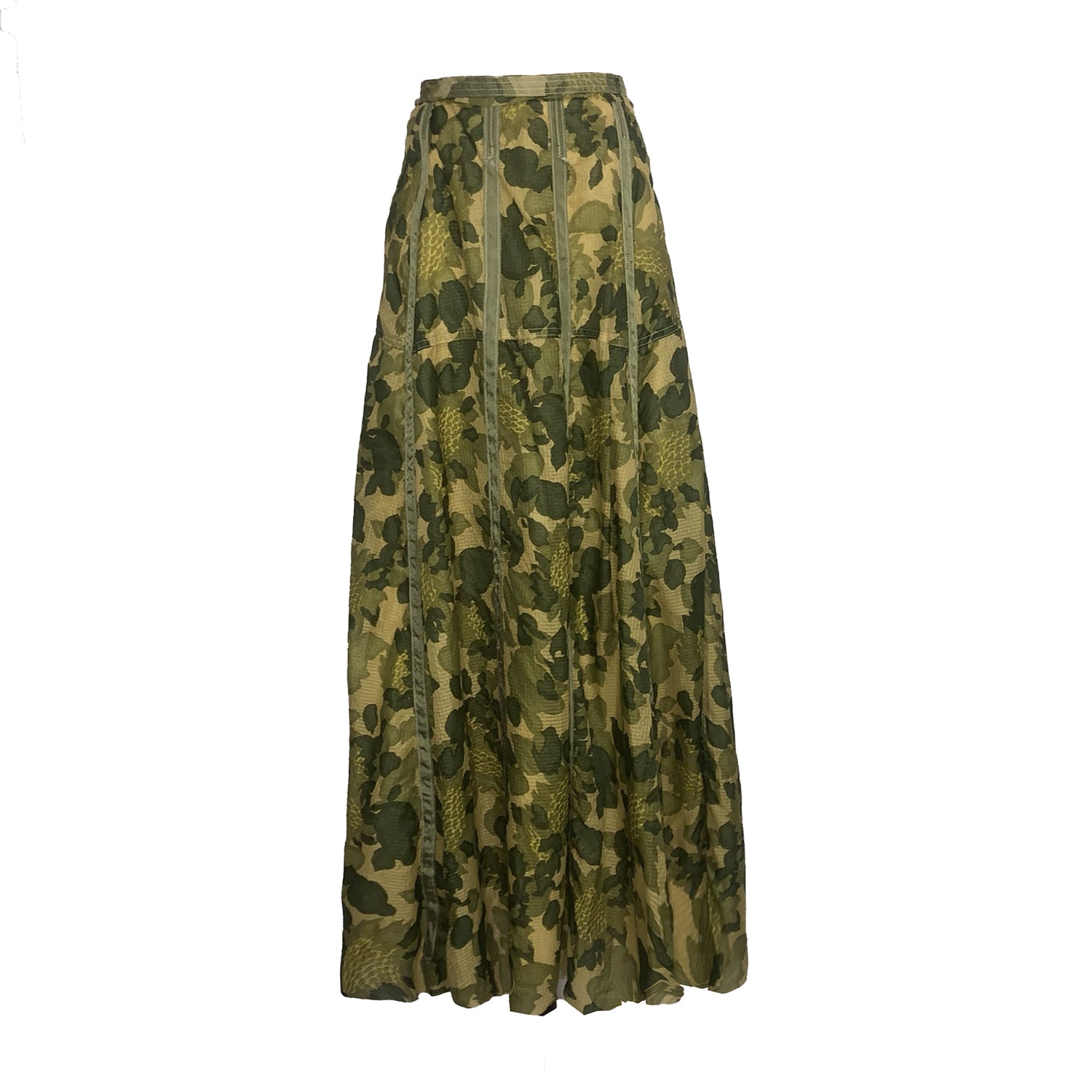 “Olivia Parachute Skirt in camouflage, gored-panel design with graceful flare, made from upcycled military nylon with original seam variations”