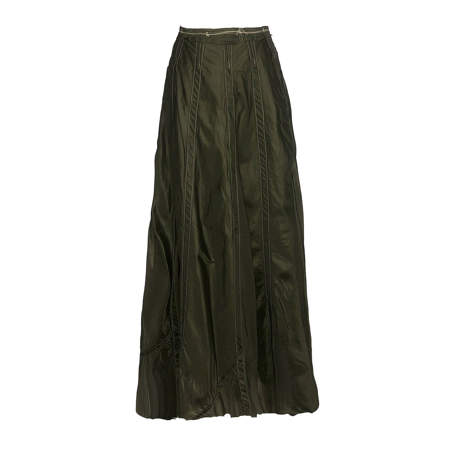 The Olivia Skirt in camouflage—bias-cut from retired military parachutes with gored panels for fluid movement. Lightweight, upcycled, and one of a kind.