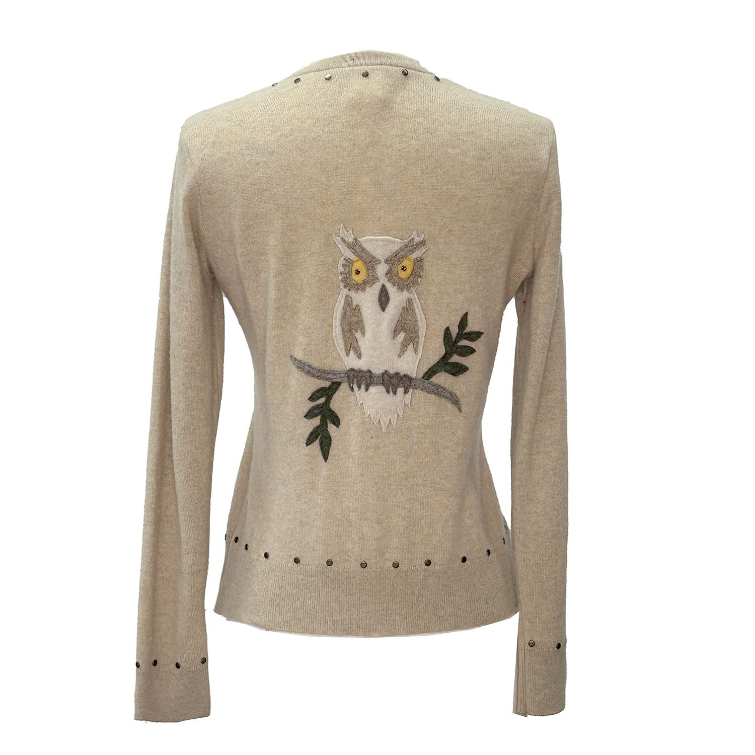 back Owl Cardigan in oatmeal. upcycled cashmere with front owl appliqué, metal buttons, and silver stud accents