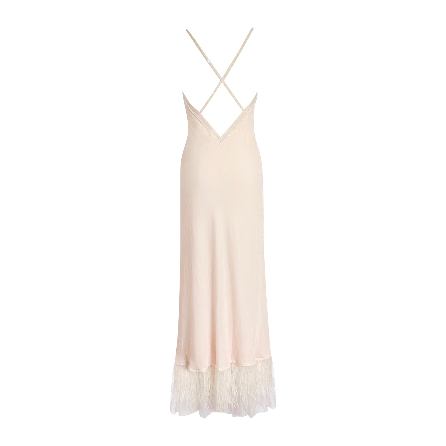 blush silk slip gown with crystal beading, feather and fringe hem