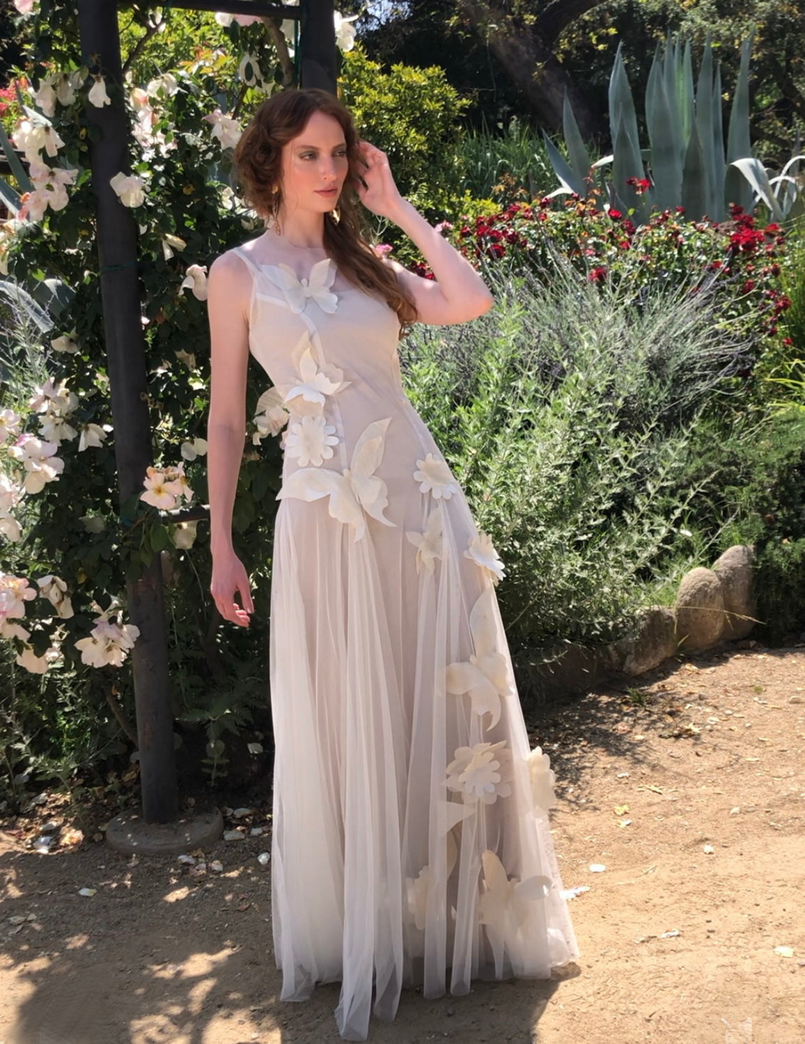 Sheer English net dress with 3D butterfly and floral appliqué