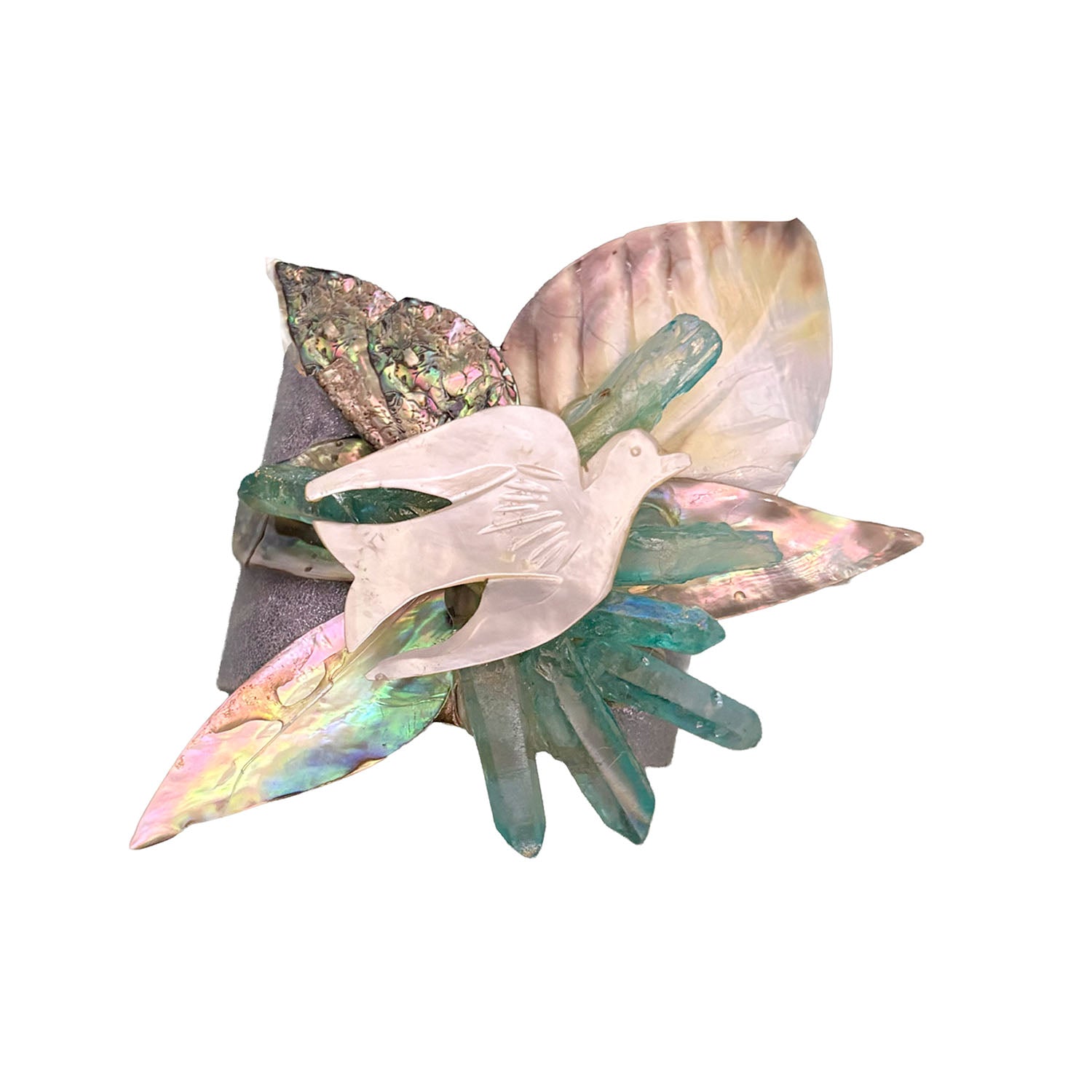 Peace Dove cuff with mother-of-pearl and iridescent shell leaves